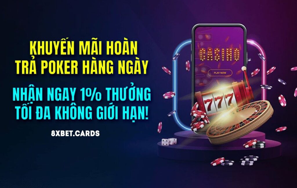 Hình ảnh khuyến mãi hoàn trả poker hàng ngày với 10% thưởng tối đa không giới hạn