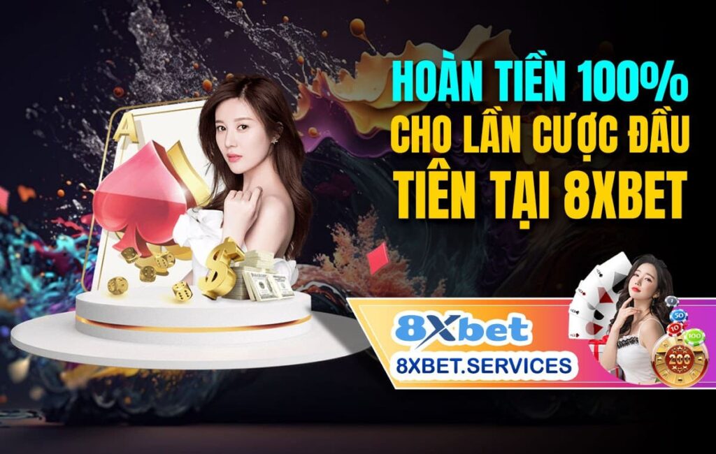 Logo 8xbet với vòng tròn màu đỏ, chữ trắng trên nền đen. Văn bản: 'Khuyến mãi 8xbet - HOÀN TIỀN 100% LẦN CƯỢC THỂ THAO ĐẦU TIÊN